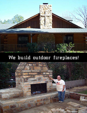 We Build Outdoor Fireplaces - Man standing next to stone outdoor fireplace with chimney with log cabin in background