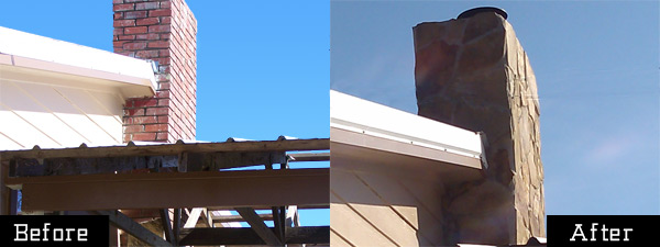 Before and after of masonry updating with a traditional brick chimney on the right and stone chimney on the right