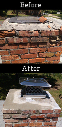 Chimney crown repair before and after - top shows cracked crown and masonry - bottom shows new crown and cap