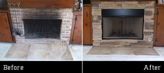 Firebox rebuild before and after with damaged brick firebox on the left and rebuilt stone firebox on the right