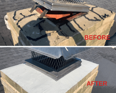 New Buck Chimney Services Original Photo of Crown Repair - Before & After damaged chimney crown and cap before and after repair