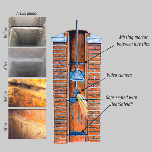 New Buck Chimney Services - Joint Repair Infographic Joint Repair Infographic showing missing mortar between flue tiles. video camera, gaps sealed with HeatShield and before and afters of flue repair